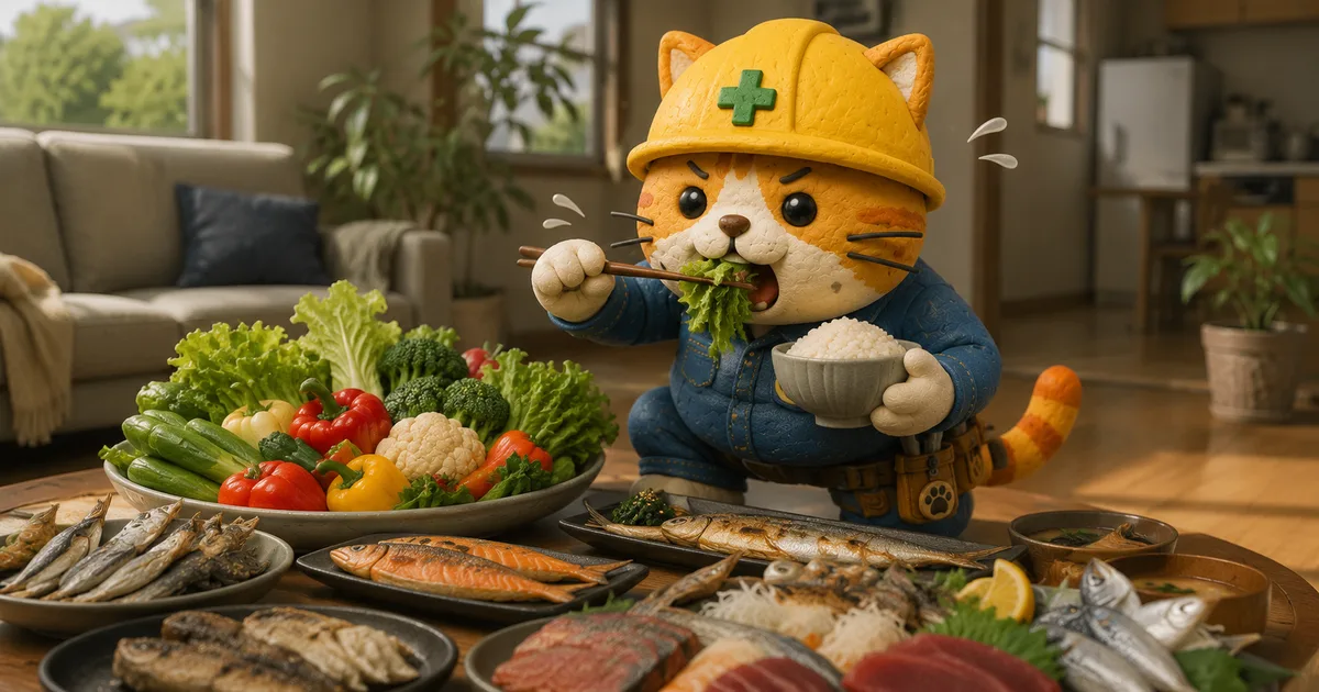 野菜と魚の食事に切り替えたねこ丸くん