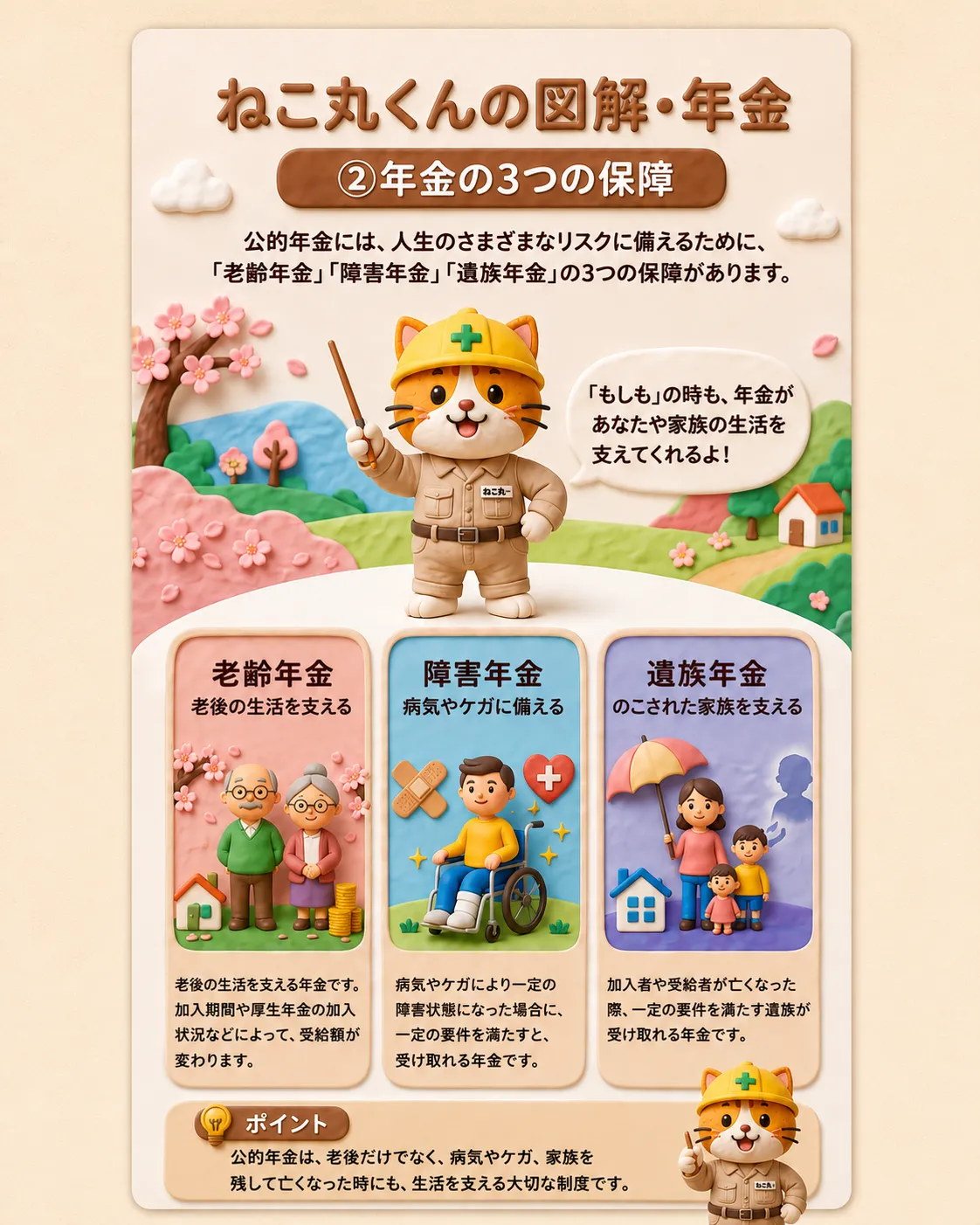 ねこ丸くんの図解・年金②年金の3つの保障