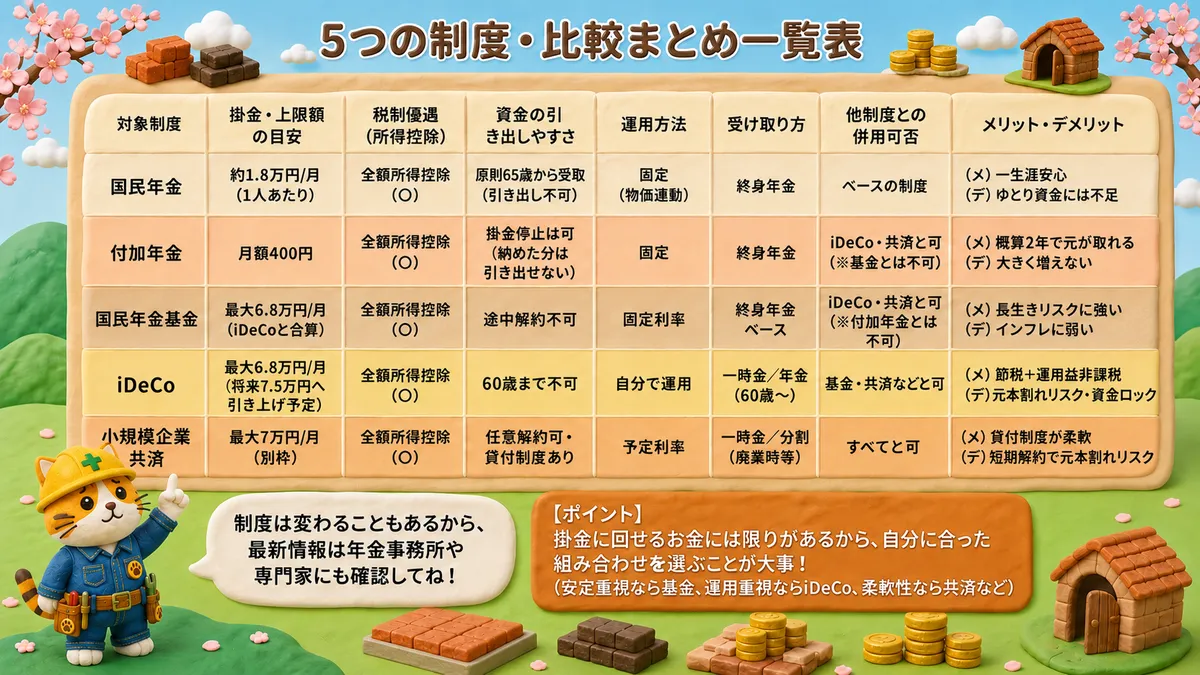 5つの制度・比較まとめ一覧表