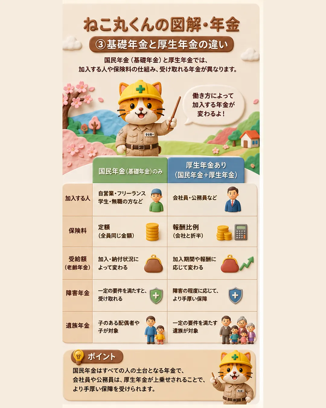 ねこ丸くんの図解・年金③基礎年金と厚生年金の違い