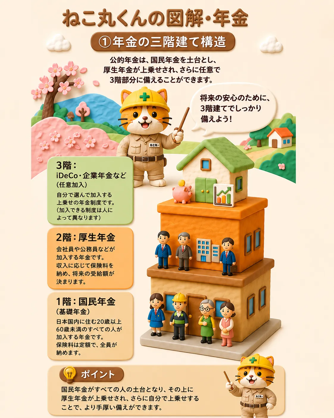 ねこ丸くんの図解・年金①年金の三階建て構造