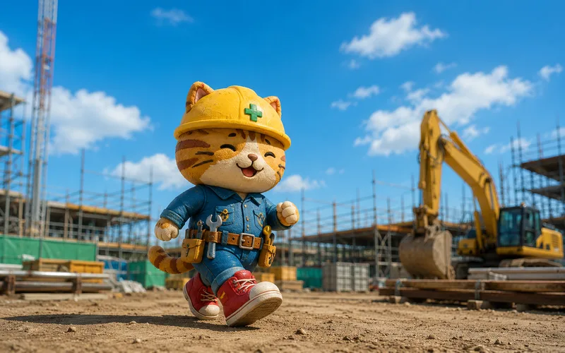 安全靴を履いて現場を歩くねこ丸くん