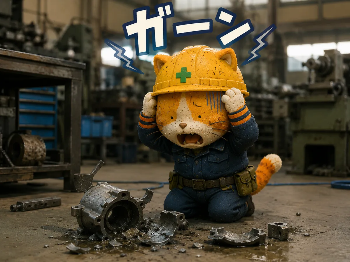 現場で材料を壊してしまい、頭を抱えるねこ丸くん