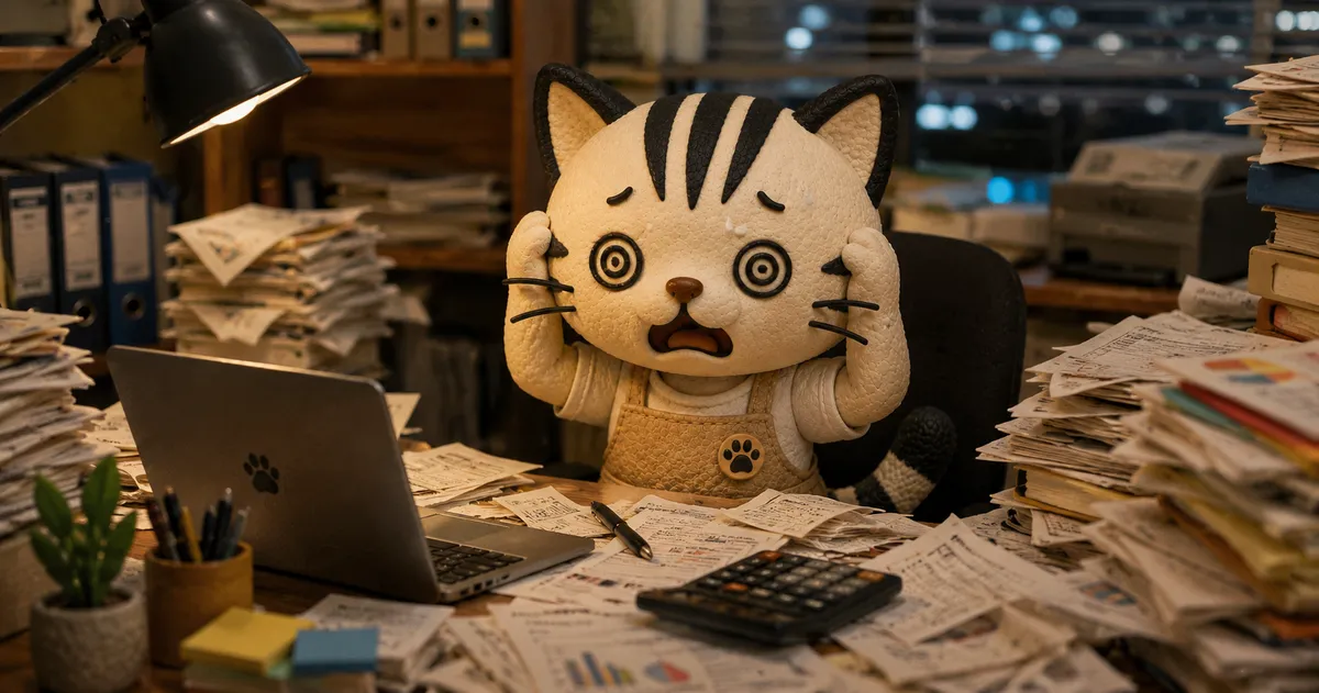 書類に埋もれて忙しく事務作業をするねこ丸くん
