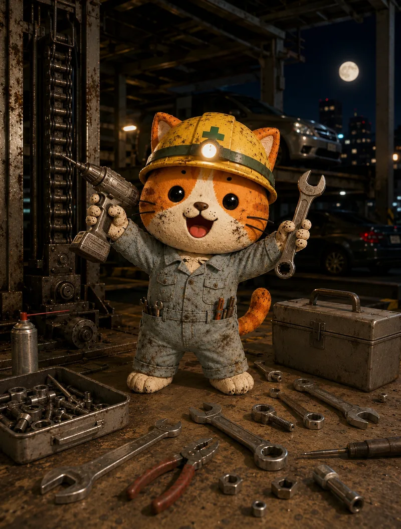 夜の現場で工具を掲げて笑うねこ丸くん