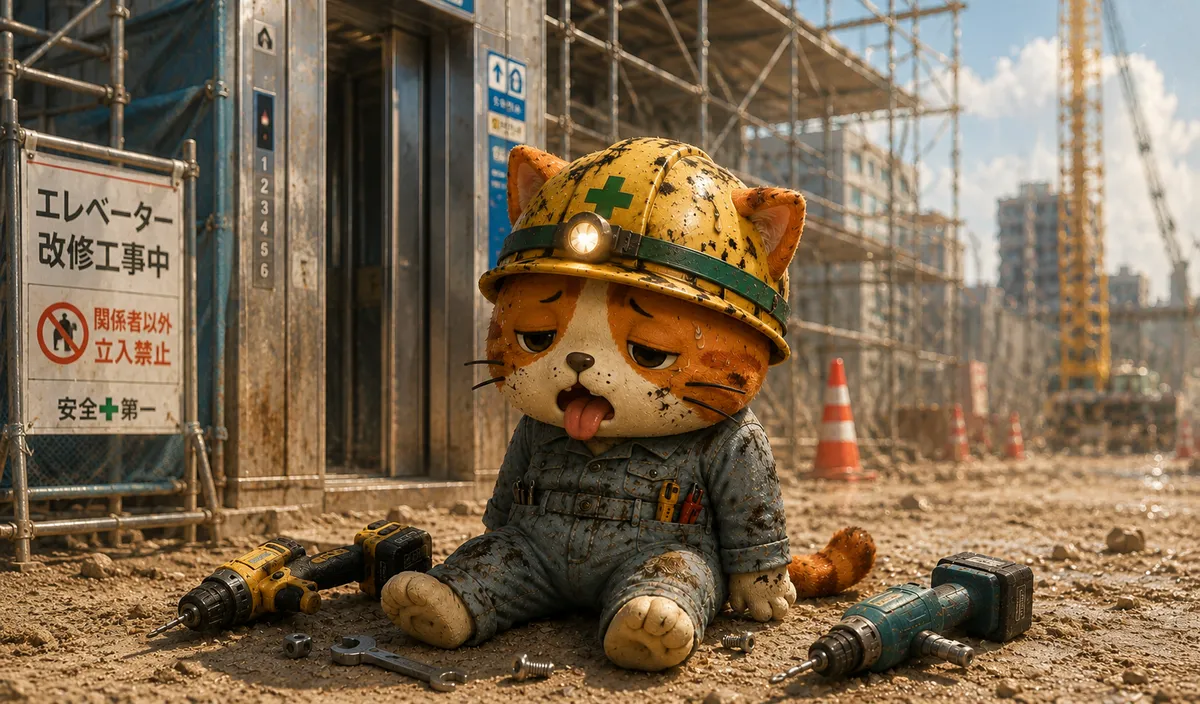 炎天下の現場でへたり込むねこ丸くん