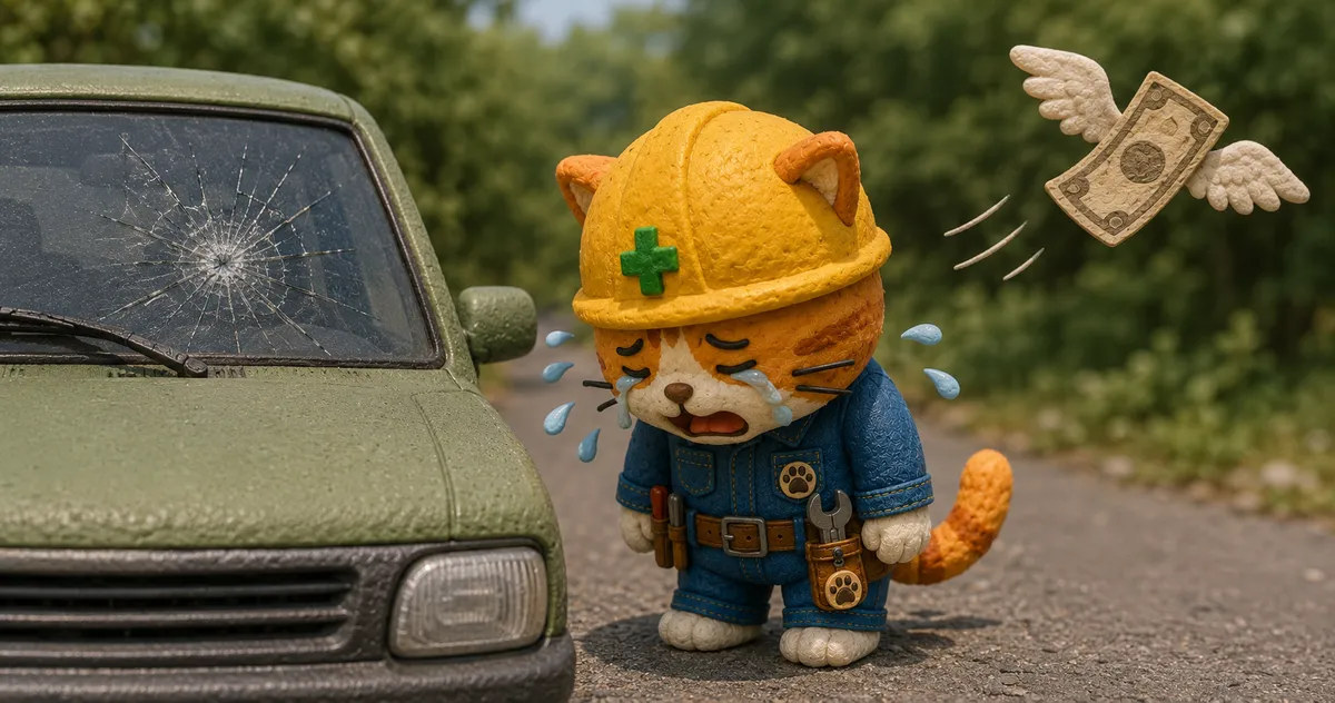 飛び石で割れたフロントガラスと、飛んでいくお金に泣くねこ丸くん
